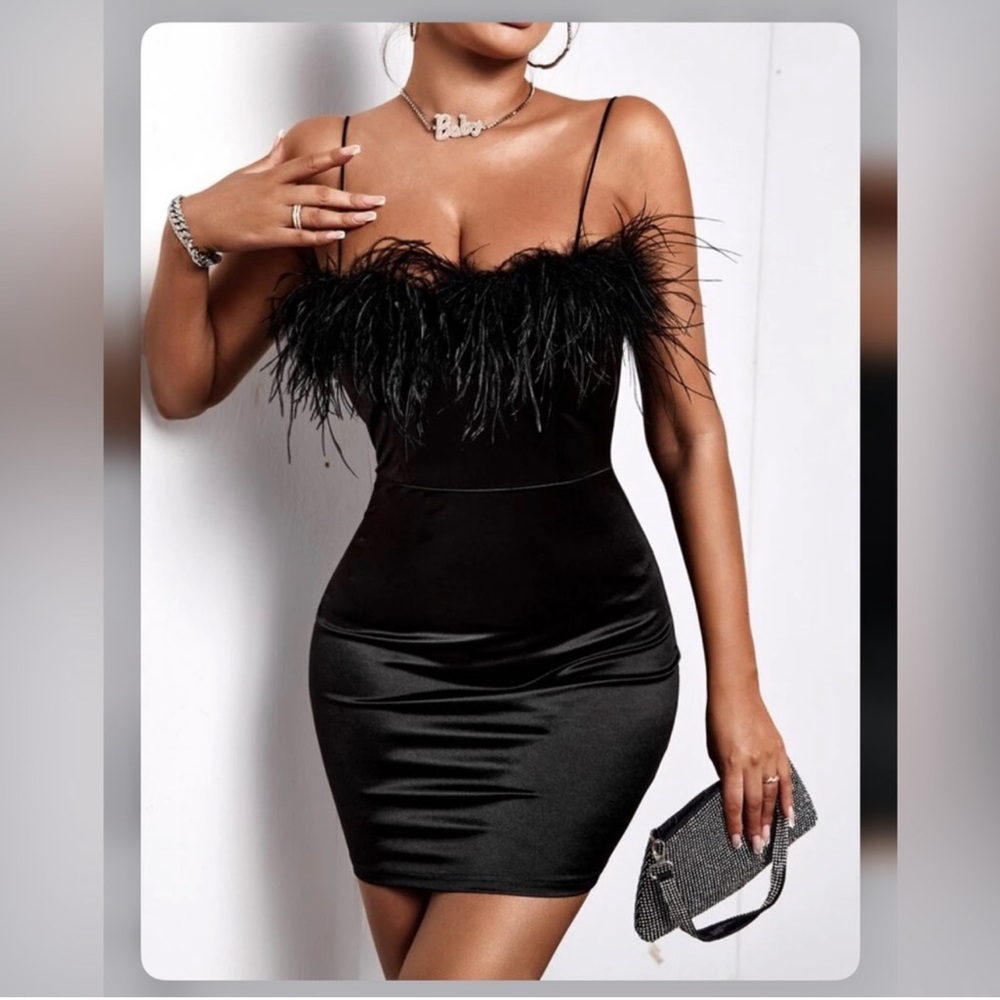 Fuzzy Trim Black Dress Satin Feather Mini Small Spaghetti Strap Party Silk